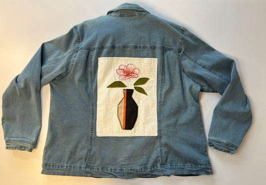 Super stretchy plus size denim jacket with embroidered floral patch