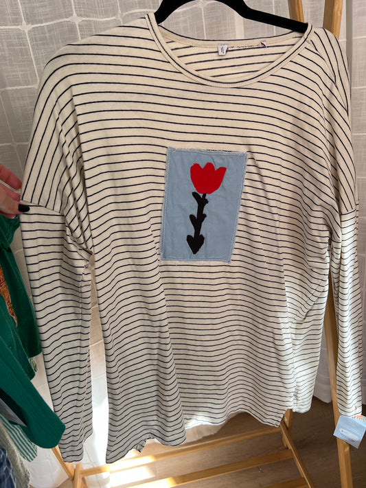 Striped long sleeve- flower patch- aprox large