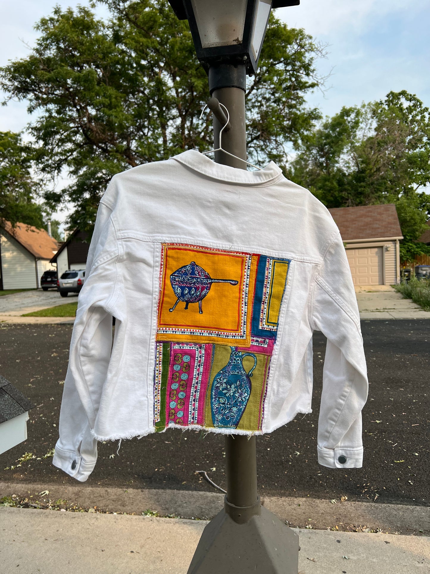 White denim cropped jacket - Mid  Mod placemats!